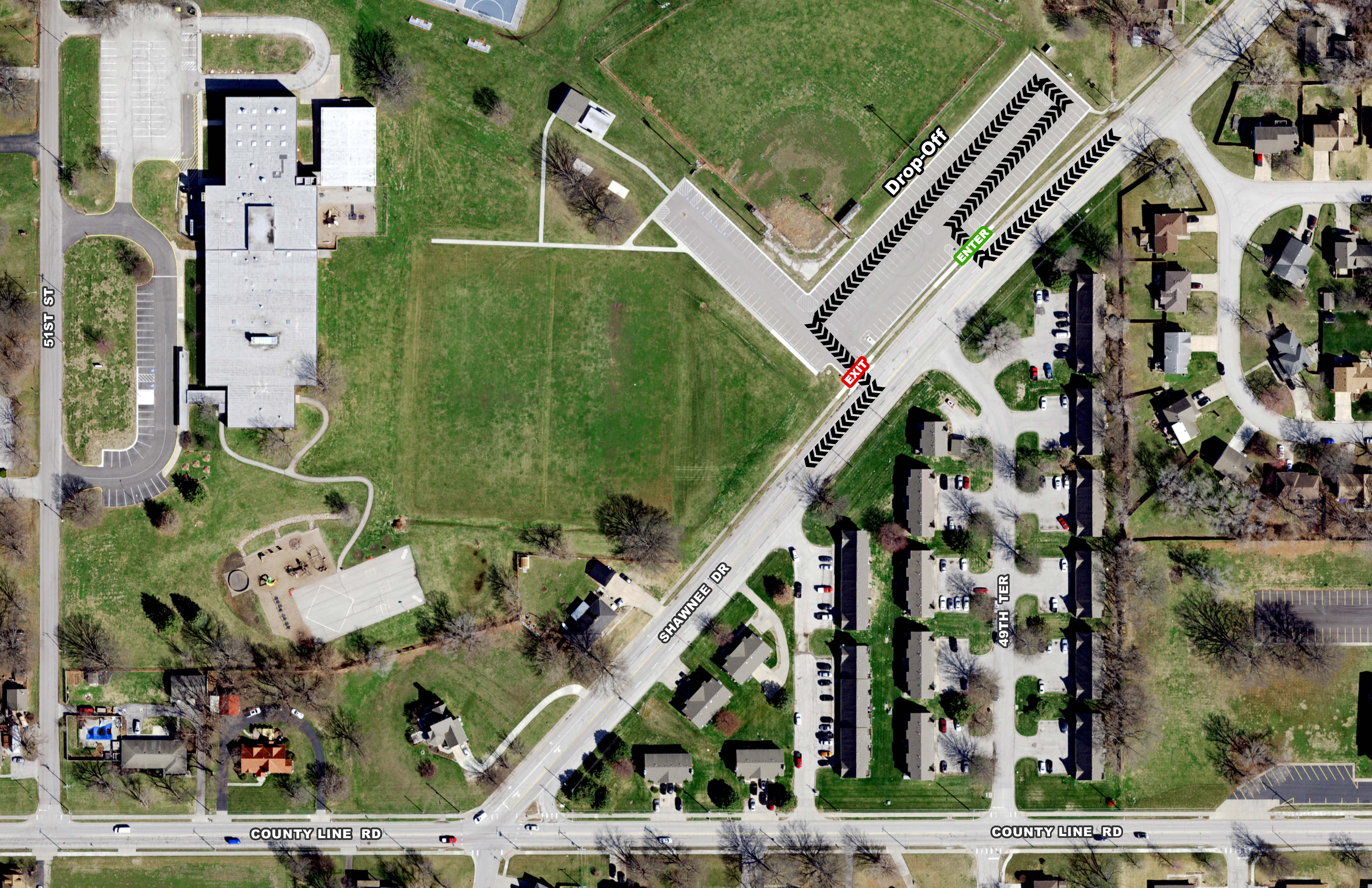 A map showing the traffic flow at and entrance to the April 21 & 22, 2023, Dumpster Days event in Wyandotte County