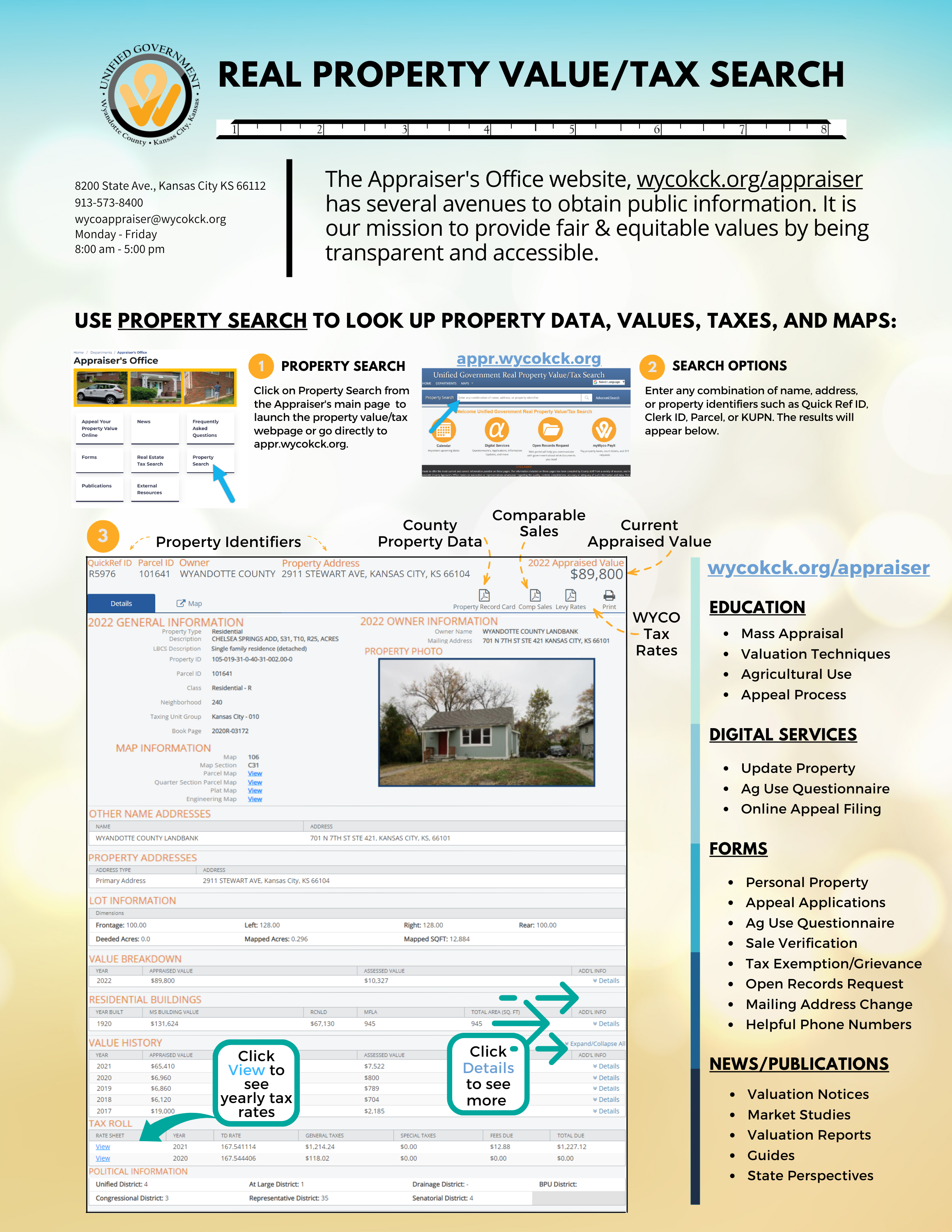 Real property value/tax search flyer on how to navigate the Appraiser's Office webpages