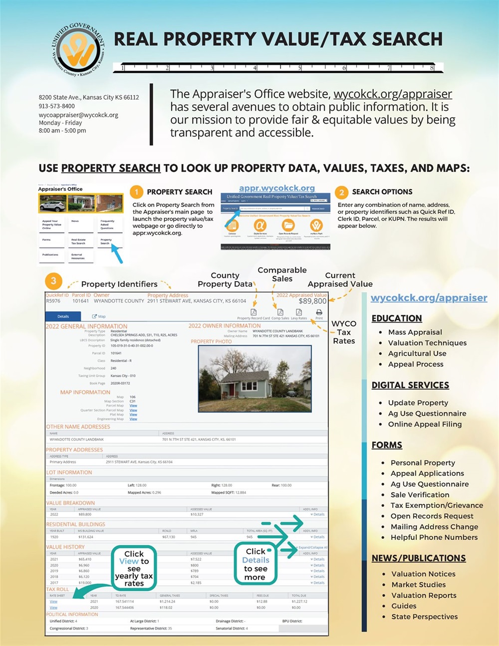 Go to appr.wycokck.org to look-up property data, values, taxes and maps.