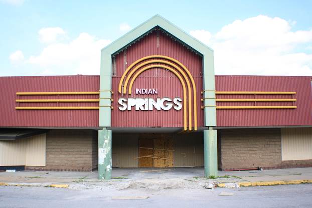 a view of the front sign of the former Indian Springs Mall
