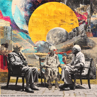 Digital artwork with 3 elderly people (2 men, 1 woman) sitting and socializing, with a kaleidoscopic background behind them that shows the sun and multiple moons and planets