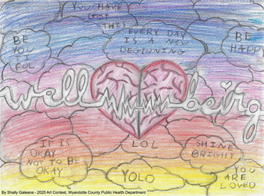 Drawing of a brain-shaped heart, with the top being dark with negative phrases and thoughts, and the bottom being light with positivity