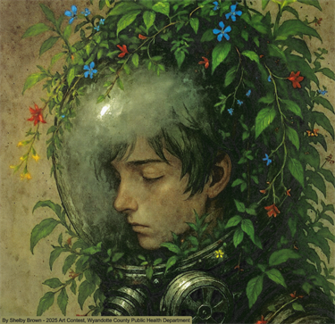 Digital artwork depicting a person wearing a protective suit and helmet with an air hose, with flowering green vines wrapped around the helmet