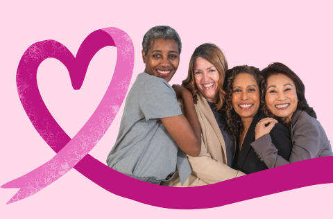 Pink breast cancer awareness ribbon in the shape of a heart, and a group of four women smiling and embracing