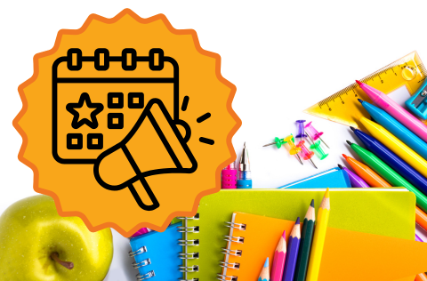 Colorful school supplies and an event icon with a calendar and a megaphone