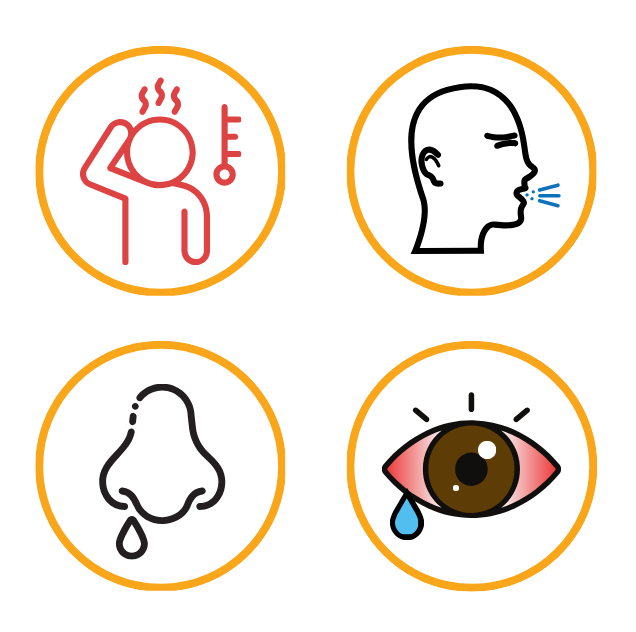 First symptoms of measles include fever, cough, runny nose, and red, watery eyes