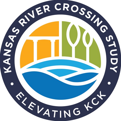 Navy, blue, orange, and green Elevate KCK logo with Kansas River Crossing Study text