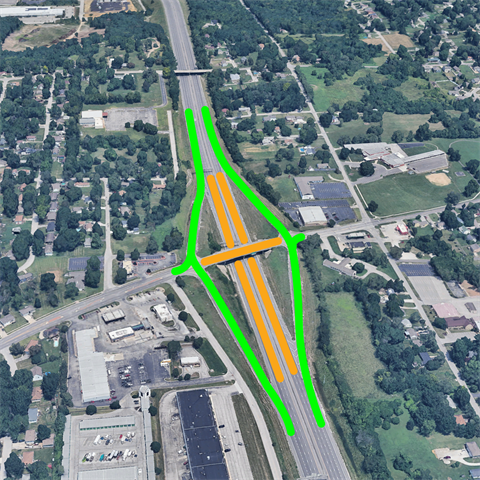 An image showing a detour path for the temporary closure of I-635 at the Shawnee Drive Bridge