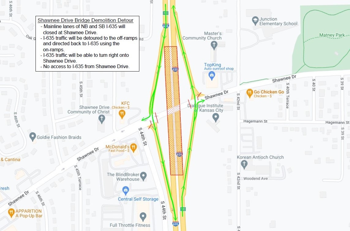 A graphic showing the Shawnee Drive and I-635 closure for bridge demolition