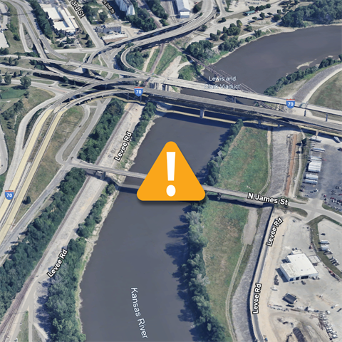 An image showing the location of the James Street Bridge closure in Kansas City, Kansas