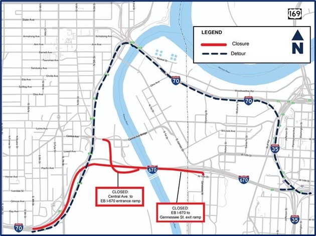 An illustration highlighting the closure of eastbound 670 in red