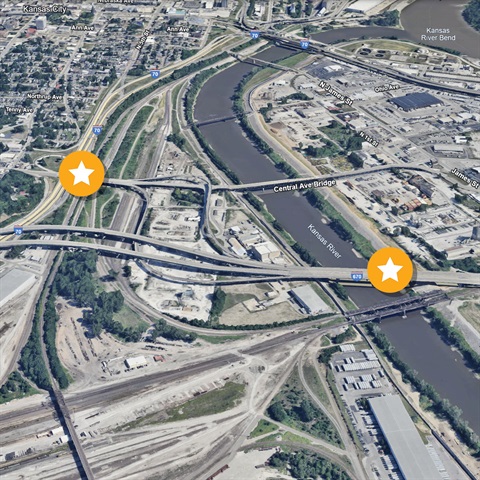 A graphic showing the location of closures for work being performed on I-670 and Central Avenue bridges in Kansas City, Kansas 