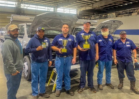 A photograph of Public Works Fleet Services team members holding first and second place trophies at the 2022 APWA Mechanics Competition