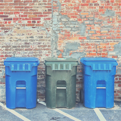 Photograph of trash containers sitting in front of a brick wall