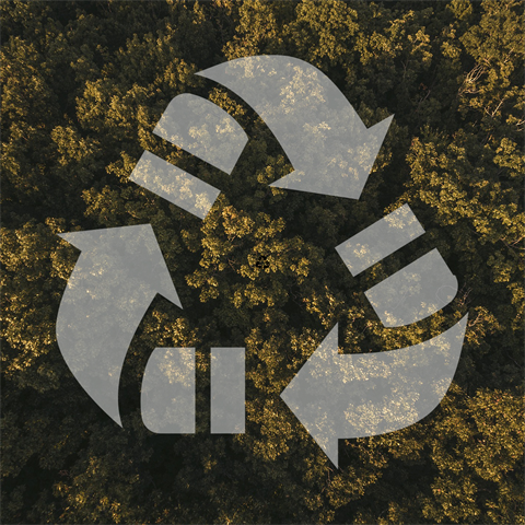 Aerial view of a lush green forest with a translucent recycling symbol overlay, representing sustainability and environmental conservation.