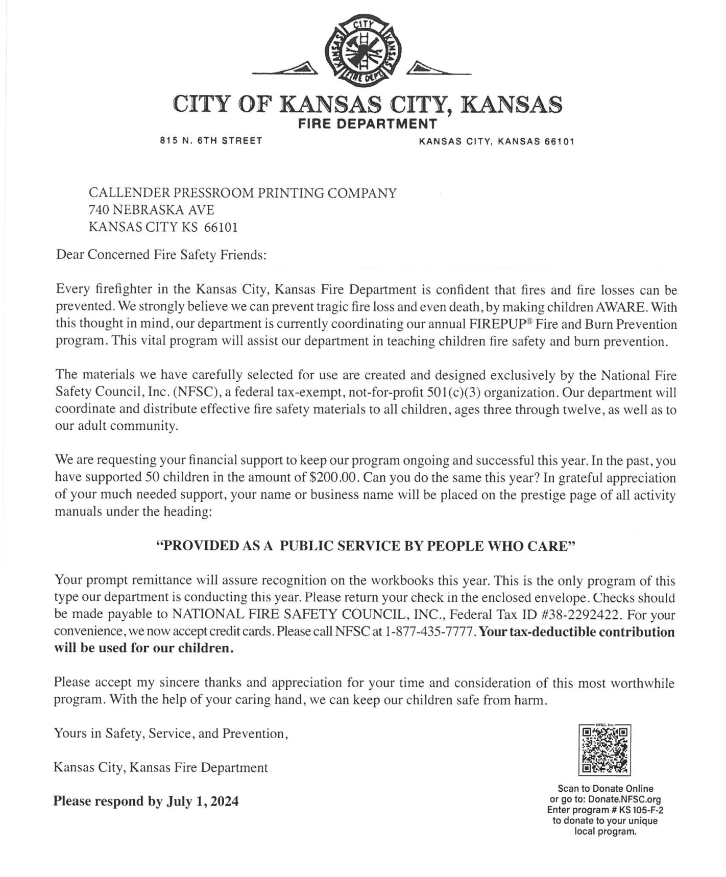 Scam Letter KCKFD May 2024